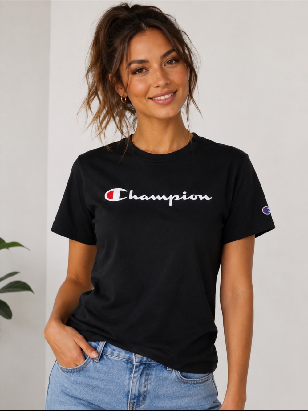 (2)Champion Logo Tee Women’s S Black & Blue Script T-Shirts Casual Athleisure